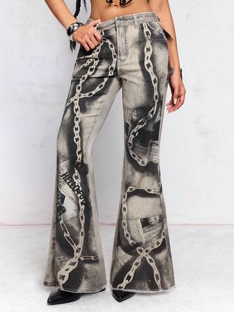 ROMWE Avant Jeans évasés pour femmes à taille basse Denim Hottie avec imprimé chaîne de journal