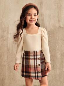 SHEIN 2 Pieces Young Girl Christmas Outfit - Girls Casual Ruched Crew Neck Gigot Sleeve Red Top And Classic Red & White Plaid Asymmetrical Hem Skirt Set, Fashion Versatile Wear For Christmas And Other Occasions, Autumn/Winter - Multicolor - View 5