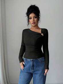 SHEIN Elenzya Women's Black Autumn Elegant Night Out Fleece Ribbed Oblique Collar Ruched Metal Button Decor Long Sleeve T-Shirt,Slim Fit Casual Top For Office - Black - View 7