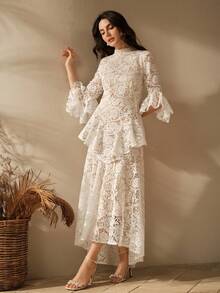 Anewsta White Lace Overlay Midi Dress, Elegant Cocktail Dress With Ruffle Hem, Sexy - Beige - View 4