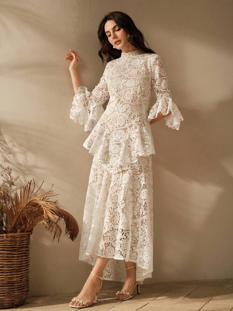 Anewsta White Lace Overlay Midi Dress, Elegant Cocktail Dress With Ruffle Hem, Sexy - Beige - View 1