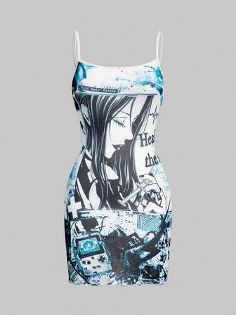 Anime Abito mini da donna con stampa di siringhe mediche e pillole in stile Y2K