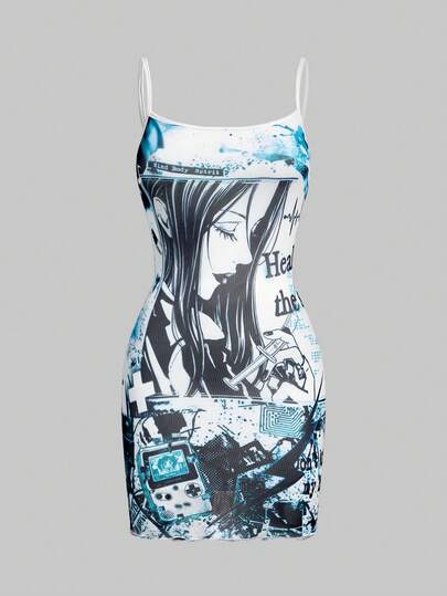 Anime Abito mini da donna con stampa di siringhe mediche e pillole in stile Y2K