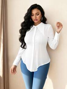 Elenzga Áo sơ mi dài tay cổ bẻ thanh lịch dành cho nữ cỡ lớn, áo khoác ngoài thời trang cho mùa thu/đông - trắng - Xem 4