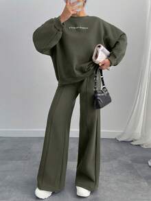 EURMUSE Women Slogan Print Round Neck Drop Shoulder Long Sleeve Casual Sweatshirt And Pants Set - Army Green - View 8