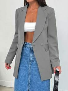 EURMUSE Blazer feminino casual/de trabalho de cor sólida com gola lapela e mangas compridas. - Cinza - Ver 4