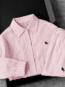 Franclia Women's Casual Striped Embroidered Sun Protection Shirt And Loose Pants 2 Pieces Set, Summer - Dusty Pink - View 6