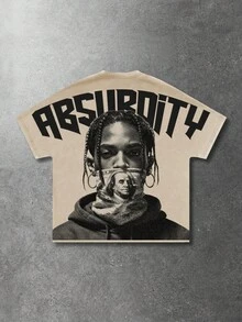 ROMWE MEN Street Life Áo thun nam tay ngắn in họa tiết, dáng rộng - Màu be - Xem 1