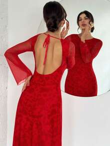 Firerie Women's Red Floral Backless Flare Sleeve A-Line Maxi Dress, Red Floral Maxi Dress, Sexy Backless Long Dress, Waist Cinched A-Line Long Dress, Flare Sleeve Maxi Dress, Red Holiday Dress, Suitable For Spring, Summer, Autumn, Winter, Elegant, Commute, Date, Party, Wedding, Graduation, Performance, Concert, Work, Back To School, Annual Party, Women's Birthday, Holiday - Multicolor - View 2