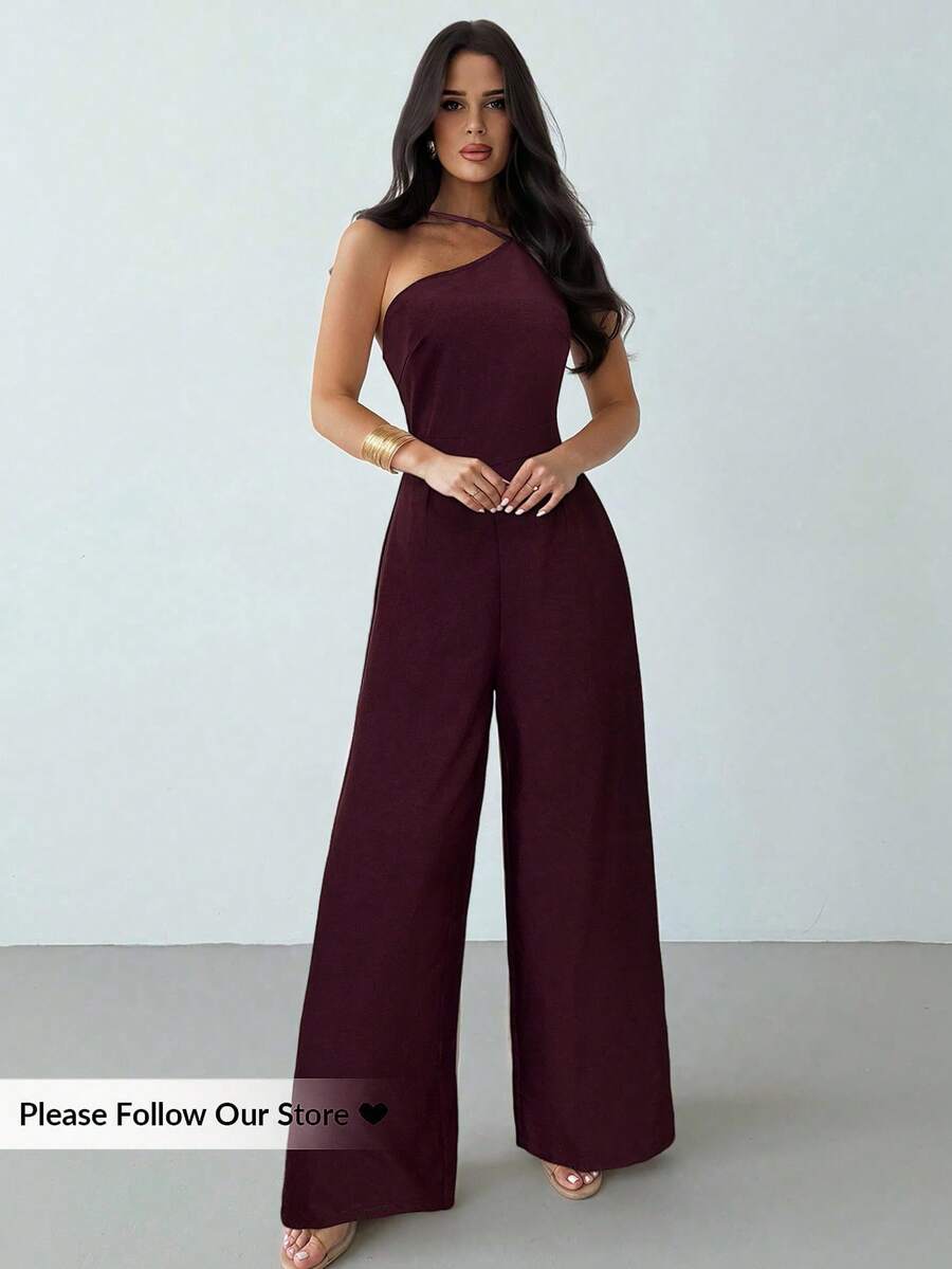 Firerie 夏季新款优雅亚麻露背褶皱腰部阔腿连体裤，休闲、度假、通勤皆宜。 - 酒紅色 - 查看 1