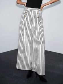 Lumivelle Vintage Black & White Vertical Striped Wide Leg Pants, Double Metal Button Design, Fashionable & Minimalist, Suitable For Work & Casual Wear Striped Pants High Waisted Pants Black And White Pants Gold Buttons - Black and White - View 5
