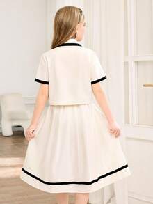 SHEIN بدلة كاجوال للمراهقات تتكون من بليزر قصير أكمام بلون المشمش مع تصميم ألوان متباينة وتنورة مصنوعة من القماش المطوي، مناسبة للمناسبات والتجمعات - متعدد الألوان - مشاهدة 4