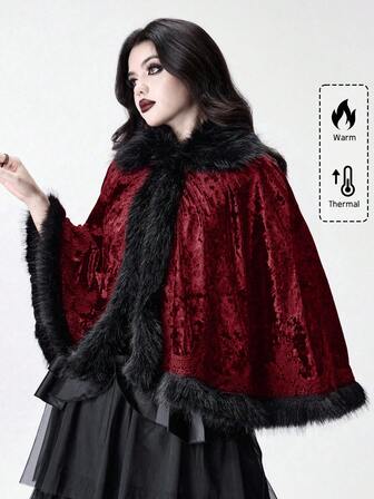 Manteau gothique vintage pour femmes avec col en fausse fourrure, patchwork, garniture en velours et dentelle, style palais