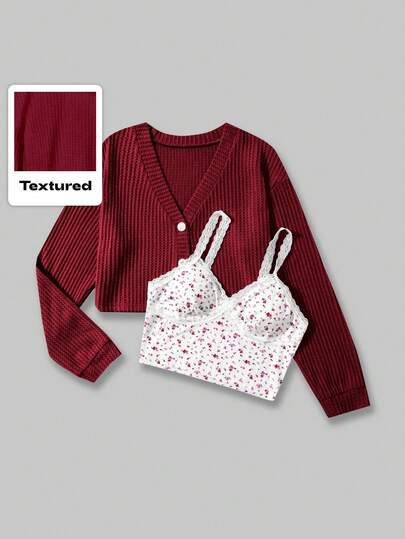 Kawaii Set casual da 2 pezzi con canotta a fiori e top monocromatico, versatile per la primavera, taglie comode