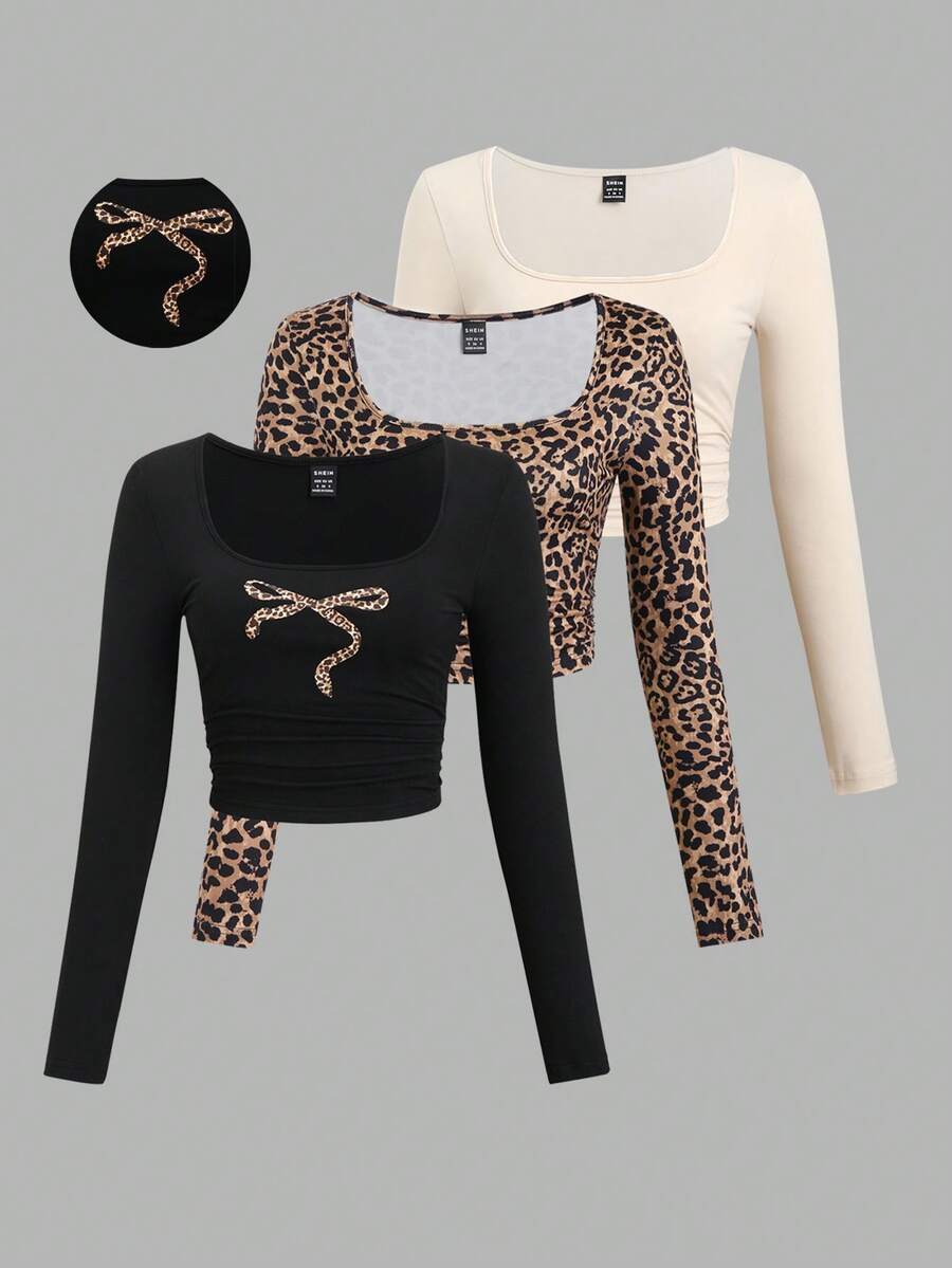Sweetra Y2K休闲性感豹纹方领蝴蝶结上衣套装，含T恤，Y2K风格服装，印花猎豹纹T恤，女式上衣 - 彩色 - 查看 1