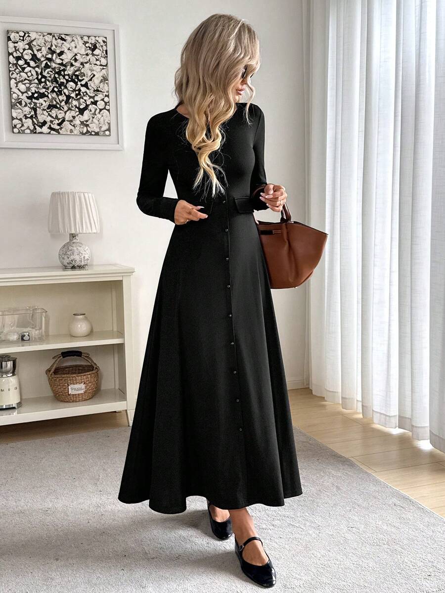 Easowa 巧克力棕色休闲宽松优雅通勤复古风长袖连衣裙，圆领，纽扣前襟，后背系带蝴蝶结，A字裙摆 - 黑色 - 查看 1