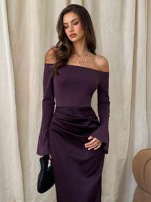 Aloruh 女士优雅露肩喇叭袖修身开衩鸡尾酒会礼服 - 紫色 - 查看 2