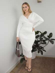 Arliah Women Sexy Elegant White V-Neck Off Shoulder Long Sleeve Fitted Sweater Dress, Suitable For Daily Wear, Office, Date, Casual, Party, Thanksgiving, Christmas White Midi Dress White Long Sleeve Dress White Bodycon Dress Ribbed Midi Dress In Fall/Winter - White - View 1