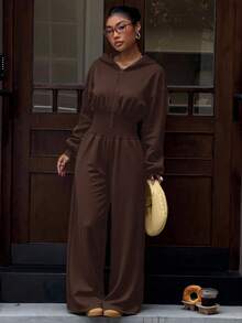 Muchica Bộ đồ liền thân thắt eo có mũ trùm đầu màu nâu giản dị dành cho nữ - màu nâu - Xem 5