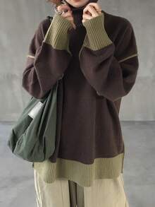 FRIFUL 休闲宽松简约百搭高领长袖女式毛衣 - 棕色 - 查看 3