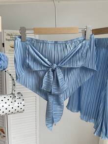 Comfortcana 2 件套大码女式蓝色不对称下摆抹胸上衣和短裤套装女士夏季服装，两件套女式蓝色两件套女式两件套 - 藍色 - 查看 5