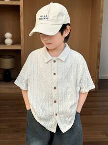儿童/男童休闲日常舒适翻领纽扣前襟宽松针织短袖衬衫，适合上学、花园、海滩、生日、春季、夏季、秋季、冬季穿着。 - 彩色 - 查看 4
