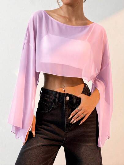 SHEIN EZwear Women's Solid Color Fashionable Casual Semi-Sheer Cropped Shirt See Through Top See Through Tops Transparent Top Sheer Tops For Women