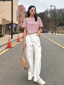 Camiseta de manga corta de corte holgado con cuello redondo y estampado de leopardo, ropa de otoño - Rosa - Ver 5