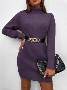 Islaluna 女士纯色高领落肩长袖休闲针织毛衣连衣裙，秋冬款 - 紫丁香色 - 查看 5