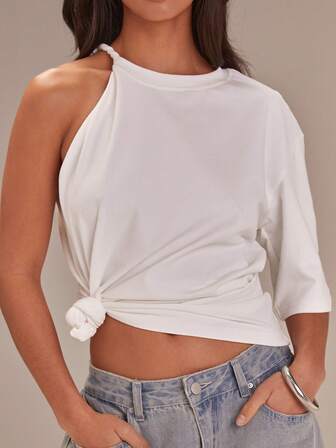 Athîral 女士圆领打结不对称白色短袖T恤，春季