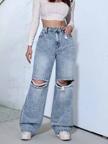 Flexra Plus Size Women Casual Everyday Washed Distressed Non-Stretch Denim Jeans - Light Wash - View 5