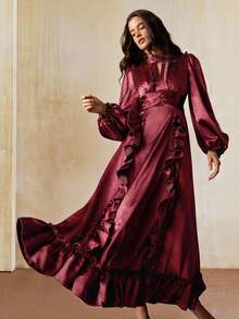 Anewsta Neues Maxikleid mit Rüschenärmeln und Rüschensaum, elegant im Vintage-Stil - Violett - Übersicht 5