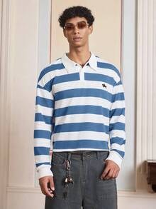 SWAVVY 男士休闲条纹印花长袖Polo衫 - 淺藍色 - 查看 3