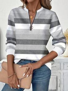 EMERY ROSE Áo nỉ cổ tròn in họa tiết sọc giản dị có khóa kéo cỡ lớn dành cho nữ - Nhiều màu - Xem 5