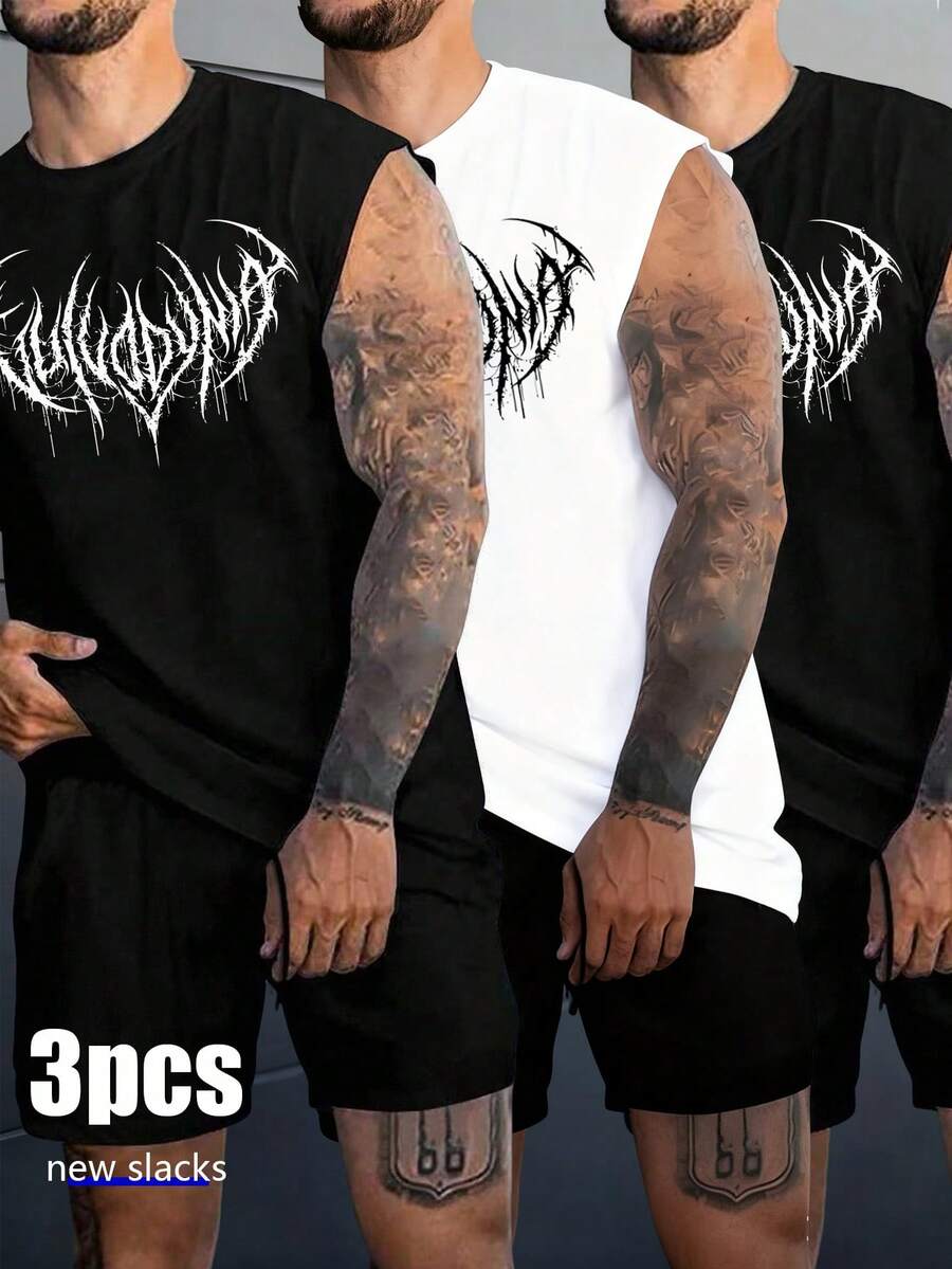Manfinity Sport Corelite Men's Casual Sports Fitness Printed Sleeveless T-Shirt Mens Cut Off Shirts Korn Shirt Mens Sleeveless Shirt Men S Shorts Set Tattoo Shirt - Black - View 1