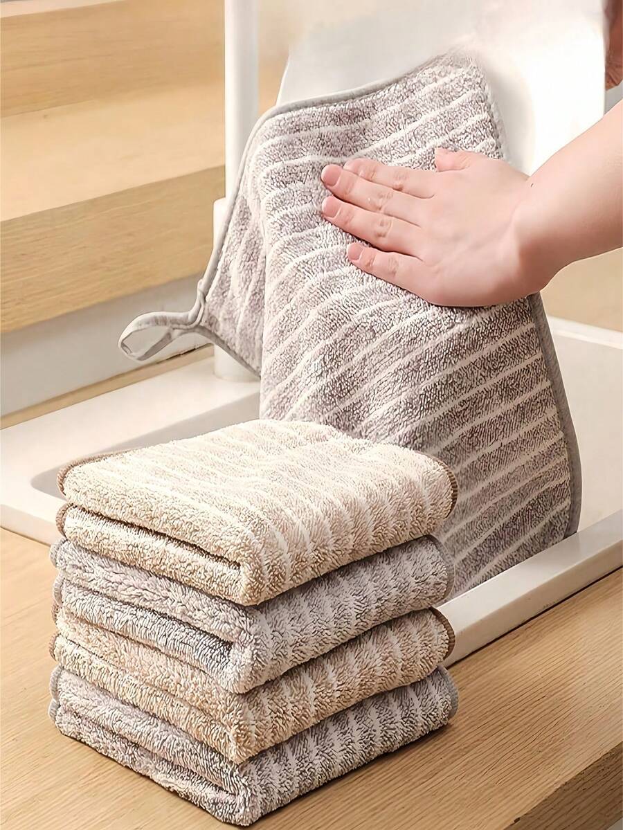 1/3/5/8条装随机颜色条纹清洁布，超细纤维厨房抹布，带挂环，可重复使用可水洗厨房清洁巾，去除油脂，洗碗，超强吸水，适用于厨房、汽车、玻璃清洁和家居清洁 - 彩色 - 查看 1