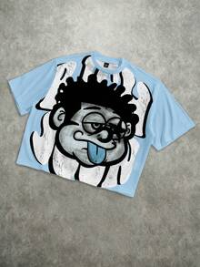 Manfinity EMRG 男士卡通印花宽松休闲日常通勤短袖T恤 - 淺藍色 - 查看 4