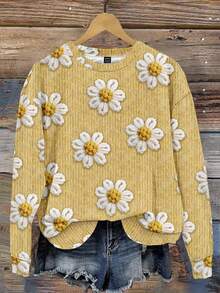 EMERY ROSE Plus Size Casual Minimalist All-Over Floral Print Sweatshirt, Cute Yellow Sweatshirt In Fall/Winter