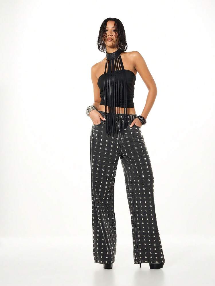 SUMWON WOMEN Jeans à taille haute, pattes d'éléphant, avec clous et détails en métal. Style vintage pour l'automne et l'hiver. Pantalon palazzo droit