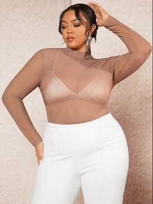 SHEIN BAE Plus-Size Women's Long Sleeve Mesh Top - Dusty Pink - View 4