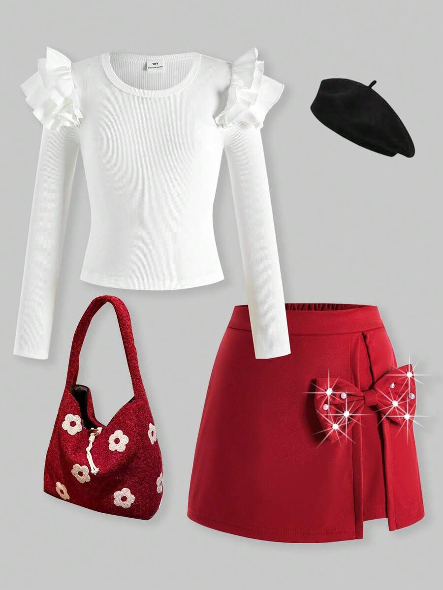 SHEIN Explorewe Girls Ruffle Shoulder Long Sleeve Top + Skort Set - Burgundy - View 1