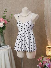 Bellisia 女性隨機圓點印花泳衣套裝，夏季沙灘 - 黑與白 - 查看 5