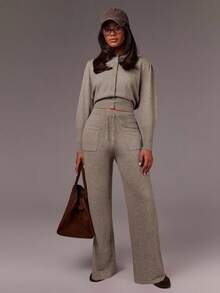 Athîral 女士立领单排扣短袖针织开衫搭配抽绳腰阔腿裤，秋冬时尚套装 - 卡其色 - 查看 5