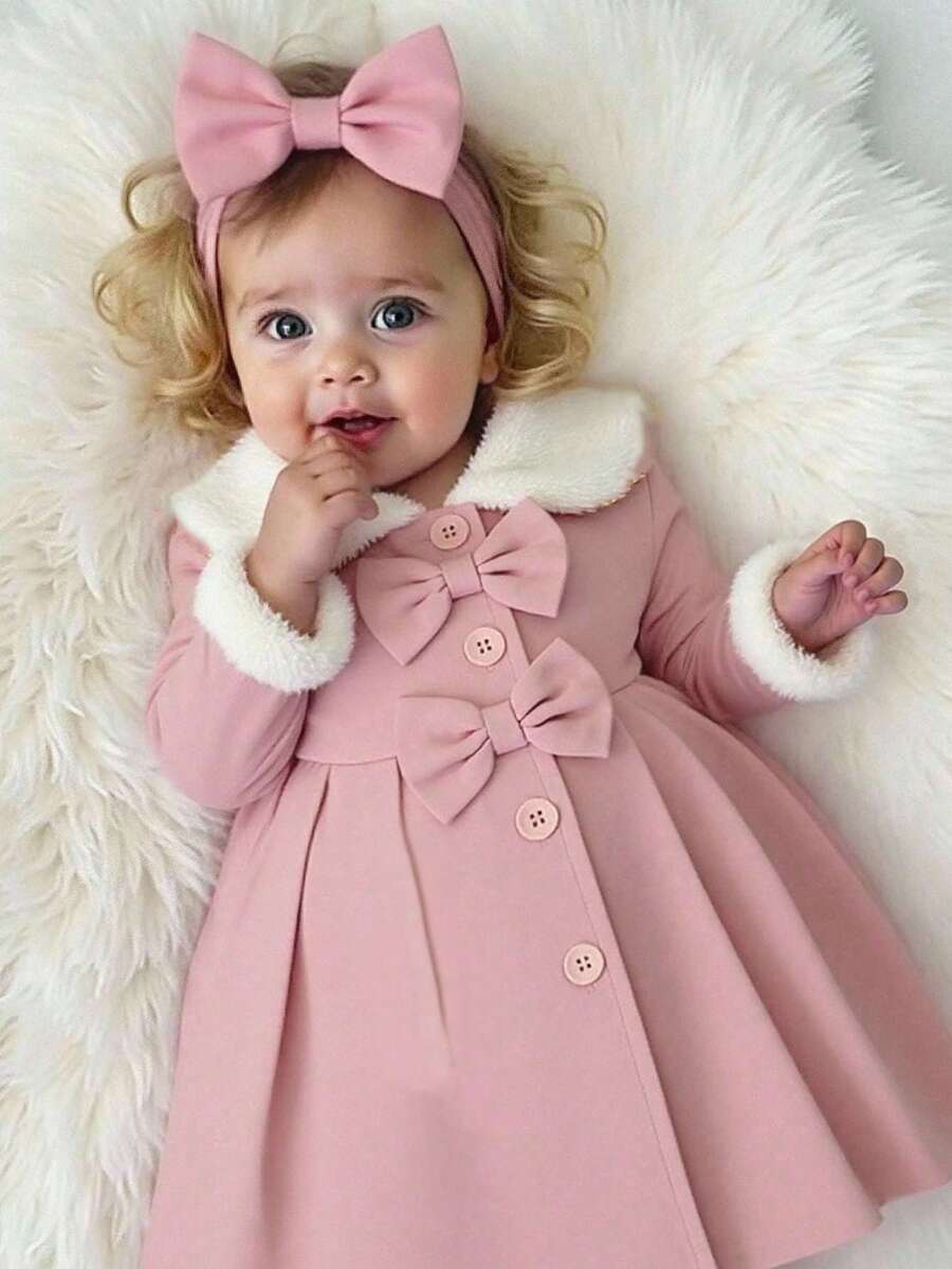 SHEIN 女宝宝蓬松领蝴蝶结装饰风衣，秋冬