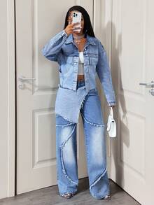 Slaydiva Casual Frayed Hem Patchwork Design Women Jeans - Blue - View 6