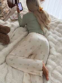 SHEIN Women's Knit Lace Trim Square Neck Cardigan & Floral Print Pants Pajama Set, Long Sleeve - Multicolor - View 2