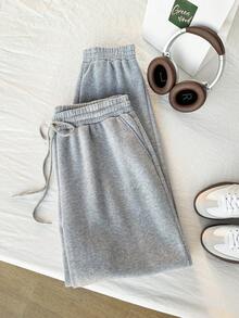 Comfortcana Plus Drawstring Waist Slant Pocket Sweatpants Graduation,Back To School Outfits,Graduation,Teacher Outfits For Women,Back To School - Light Grey - View 4