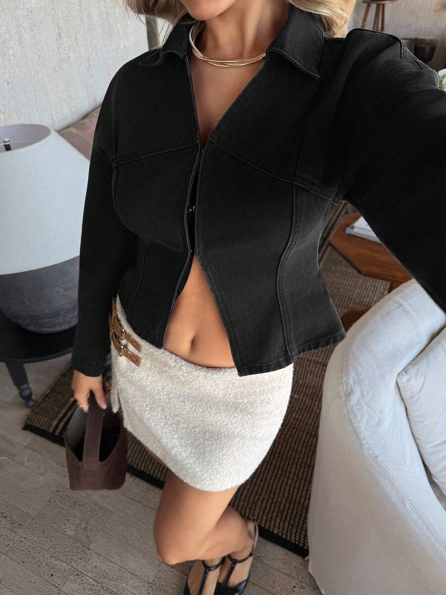 Firerie Women's Casual Waist Cinched Denim Blouse, Autumn,Deep V-Neck Denim Shirt,Black Denim Shirt,Cinched Waist Denim Shirt,Slim Fit Black Denim Shirt,Casual Office Denim Shirt,Slim Fit Cinched Waist Shirt,Deep V-Neck Slimming Shirt,Office Casual Slim Fit Shirt,French Laid-Back Deep V-Neck Shirt,Vintage Street Style Black Denim Shirt,Valentine's Day - Black - View 1