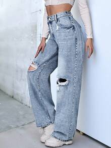 Flexra Plus Size Women Casual Everyday Washed Distressed Non-Stretch Denim Jeans - Light Wash - View 3