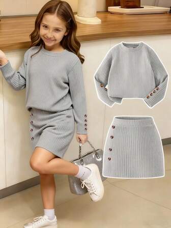 Elladie kids 2pcs/Set Young Girls Pink Textured Long Sleeve T-Shirt And Textured Button Skirt